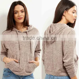 Crop Hoodies Women Simple Long Sleeves Grey Brushed Marl Cropped Top Hoodie thumbnail-1