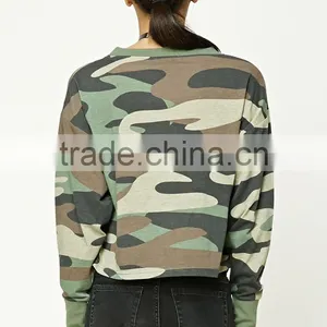Latest Tops Designs Girls Women Long Sleeves Round Neck Cropped Camo Print Tee Camo Sweatshirts thumbnail-4