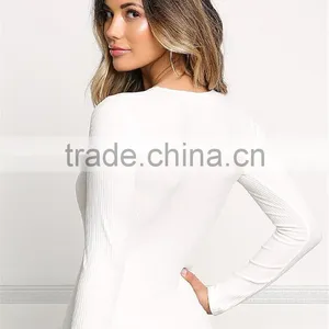 MGOO High Quality Women Long Sleeves Lace Up Bodysuit Low Back Off Plain White V Neck Rib 95% Cotton 5% Spandex thumbnail-6