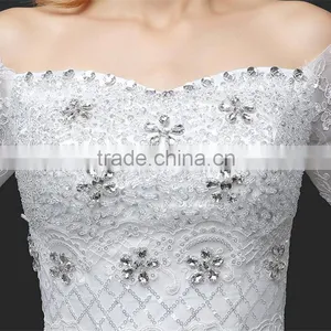 MGOO Lace Trim Hem Beaded Empire Vintage Floor Length Off Shoulder Wedding Dress Bride Grown Long Sleeve thumbnail-5