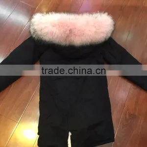 2017 FASHION Women Winter Wear Light Pink Fur Long Black Jacket Raccoon Fur Collar Mrs Furs Parka thumbnail-3