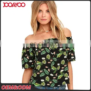 New Fashion Ruffle Floral Print Off The Shoulder Short Sleeves Chiffon Top Latest Long Tops Designs Girls thumbnail-2