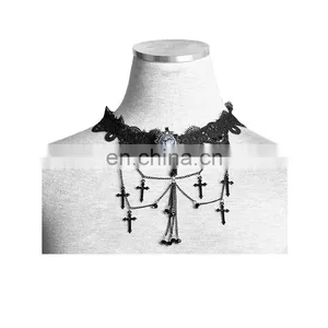 Gothic Laced and Chained Necklace With Cameo and Crosses thumbnail-1