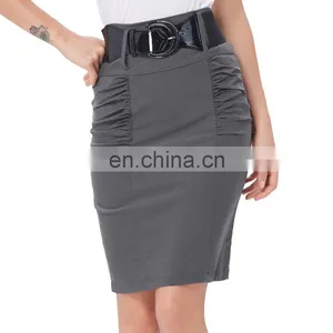 Kate Kasin Women's Shirred Detail High Stretchy Pencil Skirt In Grey Color KK000271-2 thumbnail-1