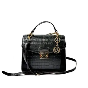 Top Handle Small Black Crocodile Crossbody Square Shoulder Bag Women Handbag With Flap thumbnail-1