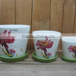 Set 3 Round Ceramic Plant /Flower Pot With Pallet Tray thumbnail-1