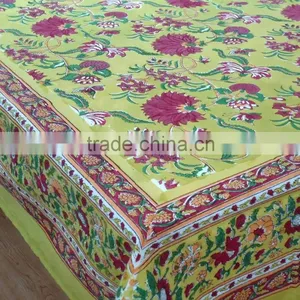 Flower Blossom Canary Indian Hand Block Printed Cotton Tablecloth thumbnail-1