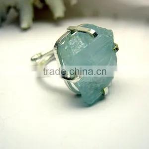 Aquamarine Rough Natural Gemstone Ring, 925 Solid Sterling Silver Ring, Designer Raw Prong Ring thumbnail-1