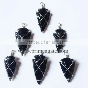 Black Obsidian Wire Wrapped Arrowhead Pendants thumbnail-1