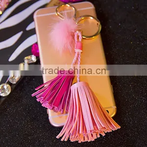Charm Mink Fur Ball Leather Tassel Handbag Cell Phone Car Keychain thumbnail-5