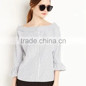 Women's Bell Sleeve Stripe Pattern Round Neck Pleated Blouse thumbnail-2
