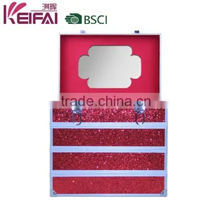 Custom Logo Lockable Hardshell Red Pu Makeup Case With Compartments With Mirror thumbnail-1