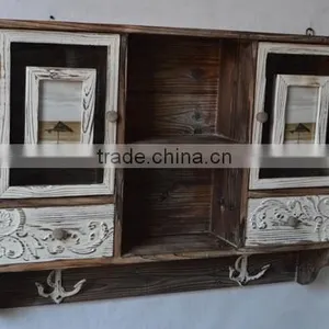 Antique Decorative Wall Wood Carved Cabinet With Drawers and Hooks thumbnail-2