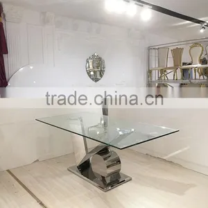Hot Sale Modern Glass Top Mirror Silver Stainless Steel Dining Table thumbnail-2