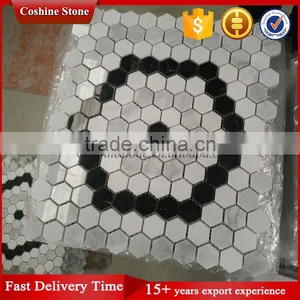 White Carrara and Dark Black Marble Stone Hexagon Shaped Mosaic thumbnail-2