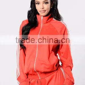 Export Clothes 100% Polyester Ribbed Hemline Sporty Stripe Sleeves Zip Up Sports Jacket With Shorts Suits thumbnail-4
