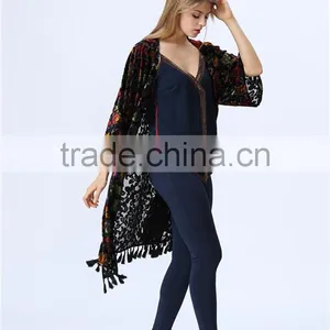 Colourful Burnout Velvet High Quality Fabric Women Kimono Cardigan With Tassel Hem Detail thumbnail-2