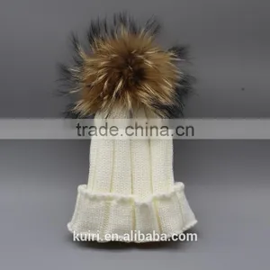 Winter Kids Fur Pom Pom Hats Baby Knitted Beanie 100% Real Raccoon Fur Cap For Boy Girl thumbnail-6