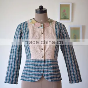 Handmade Boho Kantha Jacket in Plaid Print ~ Medium thumbnail-1