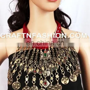 Designer Heavy Banjara Kuchi Beaded Necklace 1960s Vintage Tribal Gypsy Belly Dance Necklace thumbnail-1