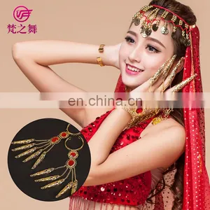 Tribal Indian Style Stage Gold Long Belly Dance Finger Ring Bracelet Jewelry P-9042# thumbnail-2