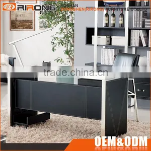 Luxury Modern Glass Top Office Table Design Black Leather Veneer Stainless Steel Frame Executive Office Table and Desk thumbnail-1
