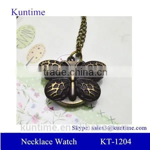 Vintage Pocket Watch Pendants Butterfly Quartz Necklace Watch thumbnail-1