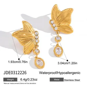Gold Plated Stainless Steel Butterfly Drop Earrings for Women CZ Stone Dangle Earrings Waterproof Hypoallergenic Jewelry Wholesale thumbnail-1