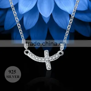925 Sterling Silver Full CZ Sideways Curved Cross Charm Necklace thumbnail-1