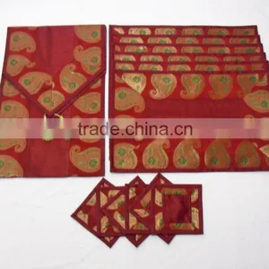 Indian Silk Table Runner With 6 Place Mats & 6 Coaster in Red Color Size 16*62 thumbnail-1