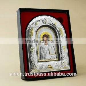 Greek & Russian Orthodox Big Wooden Icon. Christ Pantocrator. Silver Edging thumbnail-3