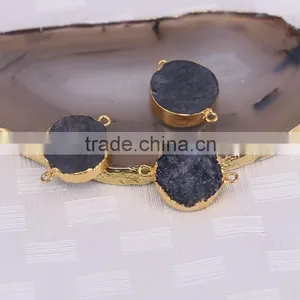 Black Druzy Quartz Stone Connector Beads, Round Shape Gold Plated Crystal Drusy Beads For Jewelry Making thumbnail-2