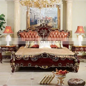 European Royal Brown Wooden Hand Carved Bed With Leather Headboard(MOQ=1 SET) thumbnail-1