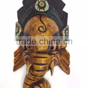 Hand Crafted Wooden Mask of Hindu Lord Ganesh Wall Hanging Made In Nepal thumbnail-1