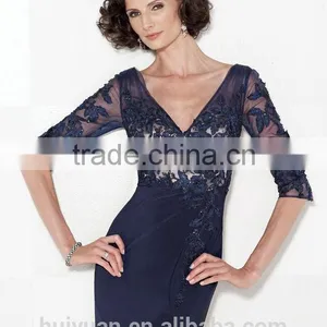 Royal Blue Long Sleeve Deep v Neck Chiffon Lace Mother Bridal Dresses Websites thumbnail-2
