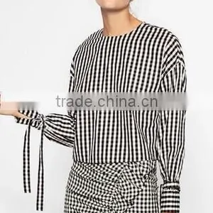 Runwaylover EY2333B Europe Style 2017 Women Fashion Flare Sleeve Plaid Blouse thumbnail-1