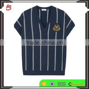 Hot Sale Navy and White Sleeveless Striped Knitted V-Neck Sweater for Women thumbnail-1