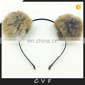 Cute Real Rabbit Fur Balls Headband Hand Made Round Fur Pompon Headband thumbnail-1
