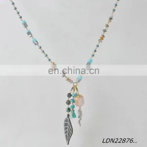 Bohemian Long Amazonite Beaded Leather Necklace With Turquoise and Leather Leaves Pendant thumbnail-3