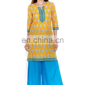 Premium Quality Fabric Yellow Color Leaf Print Casual Kurti for Woman thumbnail-1