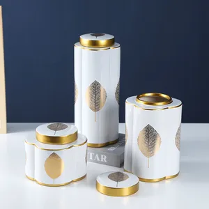European Simple Style Yellow Leaf Painting Ceramic Flower Vases With Lid For Home Decoration thumbnail-3