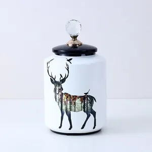 European Simple Style New Cylinder Deer Painting Ceramic Flower Vases Tableware Decoration With Crystal Lid For Home thumbnail-2