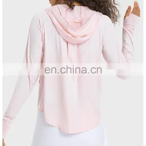 Custom Logo Outdoor Training Sportswear Hoodie Jacket Thumb Hole Sun Protection Clothing Yoga Gym Jacket For Women Workout Wear thumbnail-4