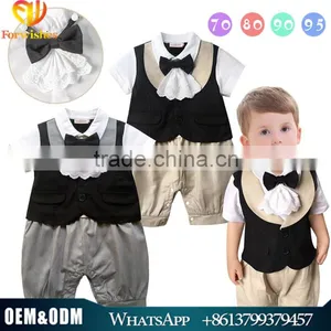 2016 Handsome Baby Bodysuit Short Sleeve Baby Boys Summer Romper Set With Lace Bow Tie thumbnail-1