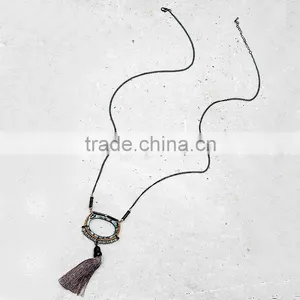 2016 Vintage Women Brown Tassel Pendant Long Chain Necklaces Crystal Bead Geometric Alloy Collar Necklaces Designs Jewelry thumbnail-3