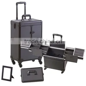 Rolling Makeup Cosmetic Train Case Hair Stylist 4-Wheel Black Aluminum thumbnail-1