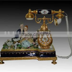 Antique Curio Ceramic Telephone Table Clock, Gold Plated Brass Footed Desk Clock, Collectable Home Decorative Table Clock thumbnail-5