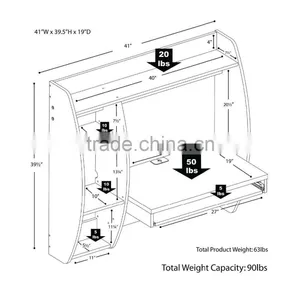 Floating Desk With Storage and Keyboard Tray Living Room Wood Table MDF Wall Mount Desk thumbnail-5