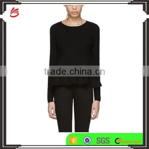 High Quality Women Plain Black Long Sleeve Rib Knit Pullover With Peplum Hem thumbnail-1