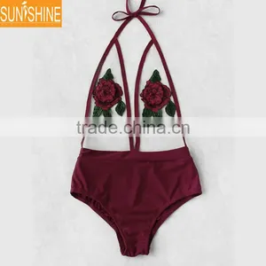 Flower Embroidery Hot Women Transparent Sexy One Piece See Through Swimwear Bathing Suit thumbnail-1